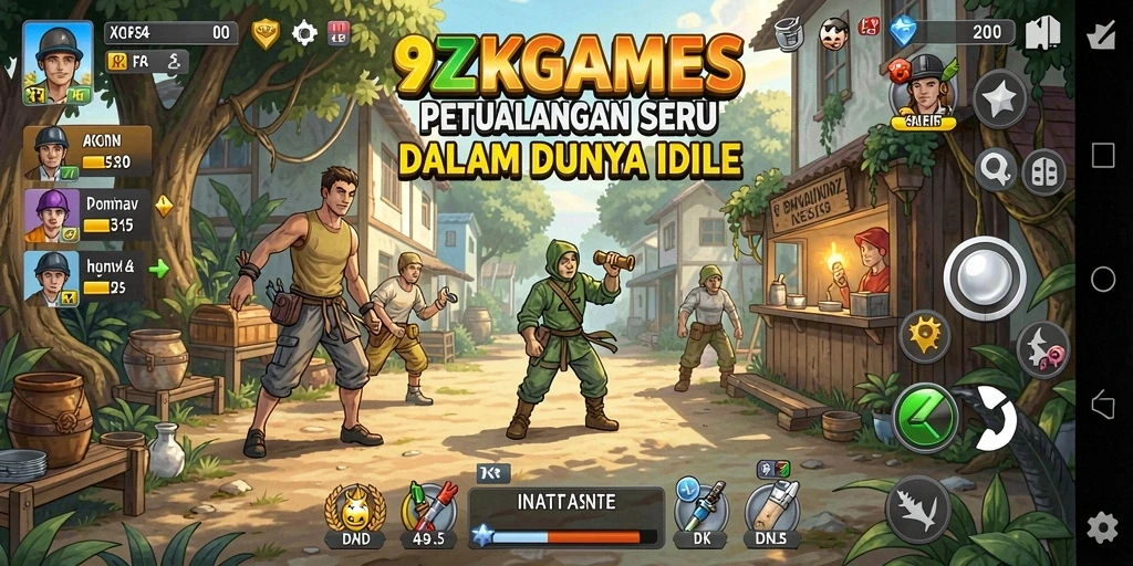 Screenshot utama 9ZKGAMES menampilkan karakter yang sedang bertarung dalam mode Idle.