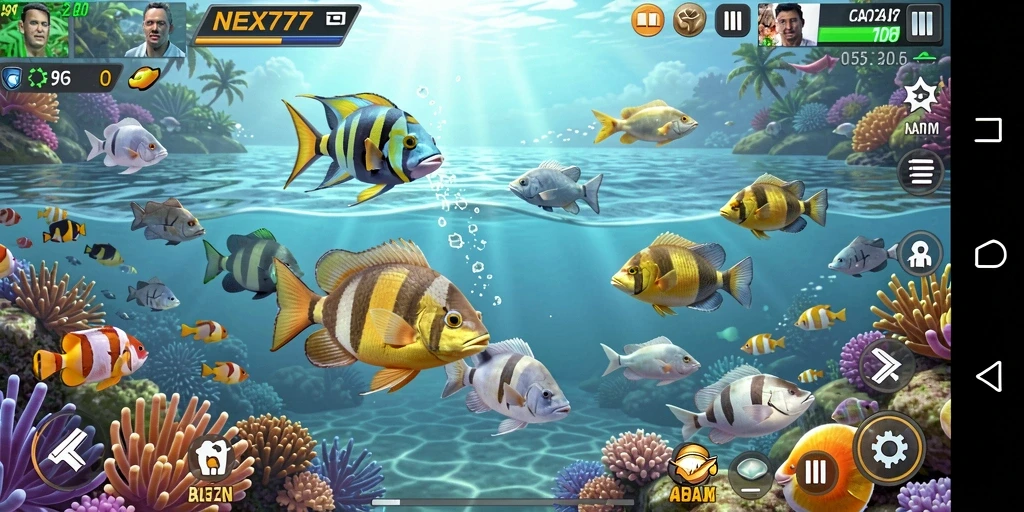 Screenshot utama gameplay NEX777 menampilkan aksi menembak ikan yang seru.