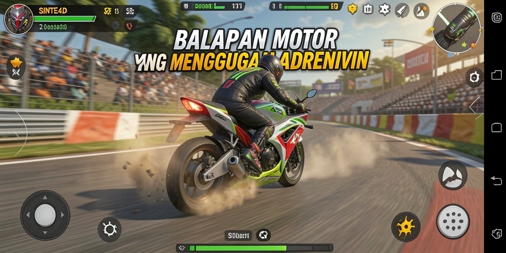 Tampilan gameplay <strong>SINTE4D</strong>, menampilkan balapan motor yang seru dan mendebarkan.